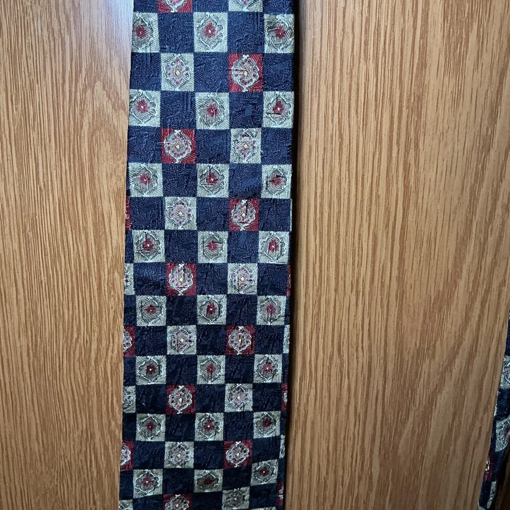 Claiborne Navy Checkered Silk Tie | Gold & Burgundy Medallion Print